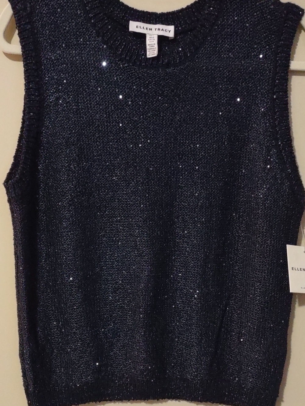 NWTS**Ellen Tracy**Navy Blue Sequin Knit Sweater Vest Size Large